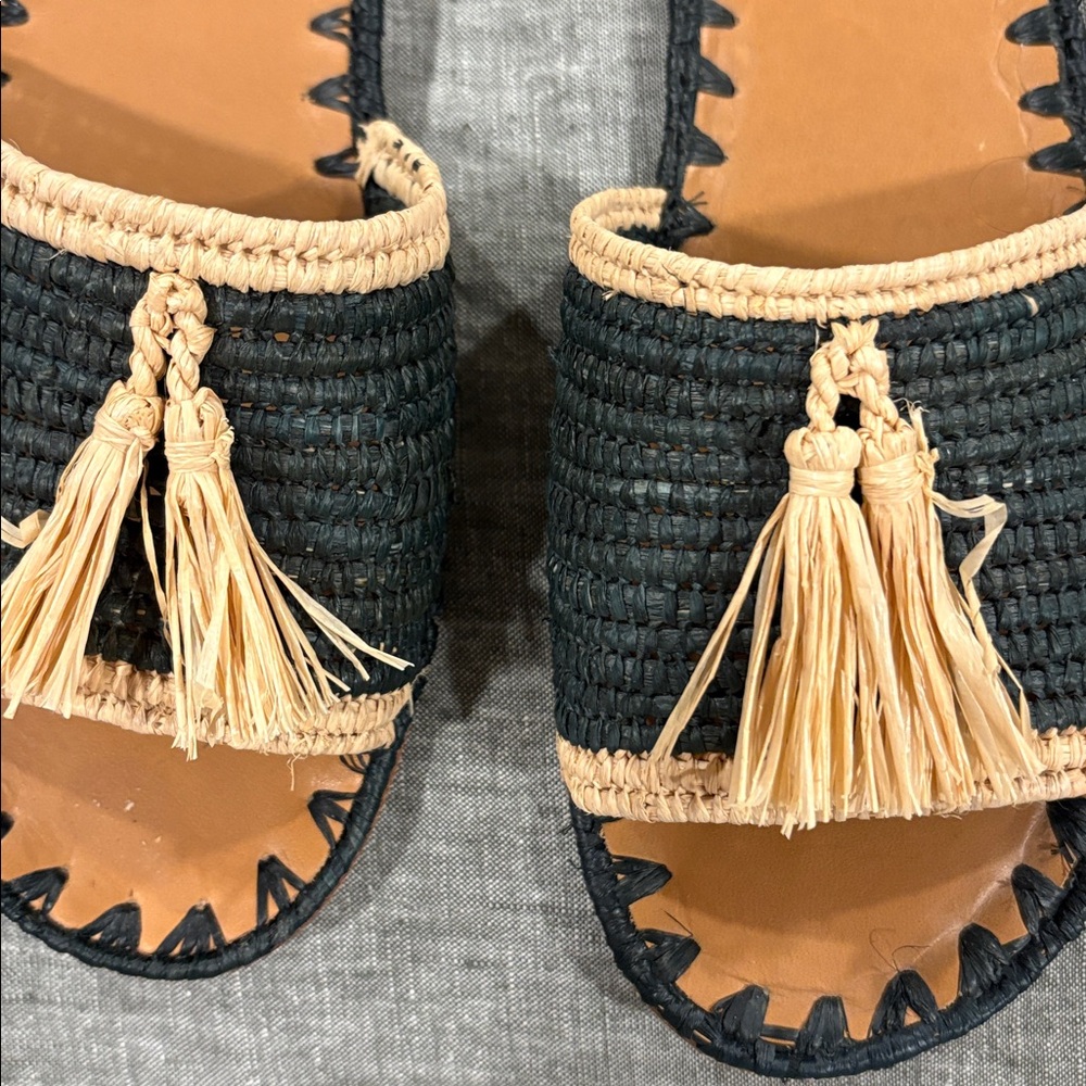 Carrie Forbes Adam Pom Raffia Tassel Slide Sandals Black Tan EU 39 US 8.5 EUC - Picture 6 of 7
